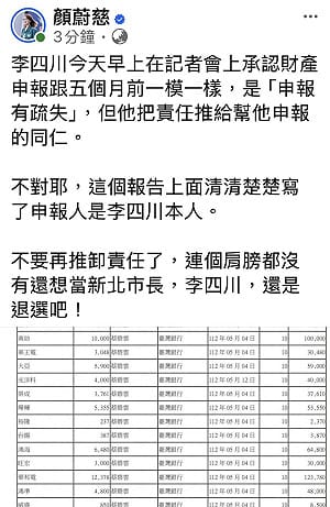 李四川財產申報疏失推給同仁   顏蔚慈出示監察院證據要求退選