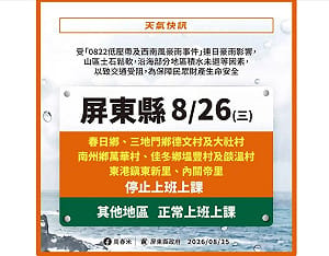 今日停班停課一覽！ 高雄市1里、屏東縣1鄉7村里8/26停止上班上課