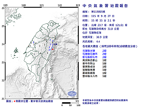 快訊》15:33花蓮縣近海發生規模4.4有感地震 最大震度花蓮縣水璉、花蓮縣花蓮市、彰化縣彰化市2級