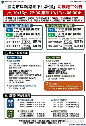 配合南鐵地下化軌道切換　列車調整及啟動公路接駁  旅客提早規劃行程