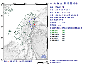 快訊》04:37臺灣東部海域發生規模4.4有感地震 最大震度花蓮縣和平、宜蘭縣南澳3級