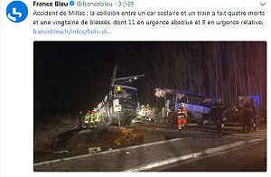 法國火車攔腰撞斷校車  學生4死逾20傷