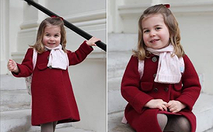 英夏綠蒂公主上學  穿120英鎊紅大衣王妃媽掌鏡