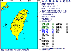 快訊》花蓮縣近海再發生規模4.8地震 深度僅5.0公里