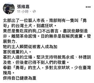 批扁！新系大老張維嘉難得發文海K勇哥的主人