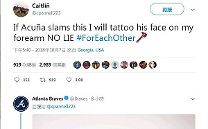 MLB／祭品文別亂下 女勇士球迷得刺青阿庫納臉