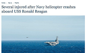 美軍雷根號航母意外 直升機墜落飛行甲板多人傷