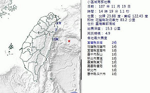 花蓮外海規模4.9地震　宜蘭最大震度2級