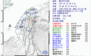 晚間11：15花蓮地震規模5.1  南投、台中4級  宜蘭3級