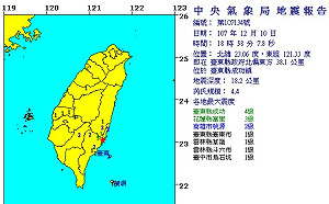 快訊》18:58 芮氏規模4.4地震 震央：台東成功