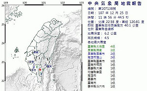 快訊》台東11:56規模4.5地震！最大震度4級　高屏區有感