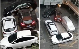 停車被四面夾殺出不去　車主怒了直接撞開一條出路