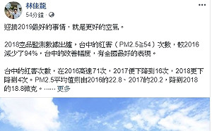 無奈啊！林佳龍貼文分享2018空品成績 網友肯定「這是你的政績」