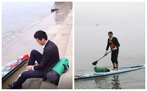 影／公司在江的另一邊　西裝男每天划船上班網路爆紅