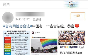 台灣推同婚專法 中國網友吃豆腐：終於有一省是同婚合法