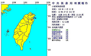 22:27宜蘭規模3.8地震  冬山最大震度3級