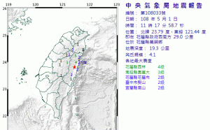 快訊》地牛翻身！花蓮縣規模4.1地震 最大震度西林4級