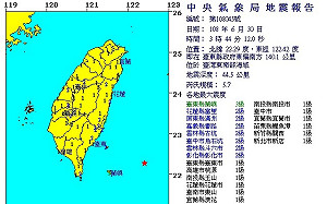 3:44東部海域規模5.7地震 最大震度蘭嶼3級