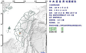 台南南化規模3.6地震 最大震度台南.高雄3級