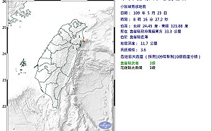8:16宜蘭近海規模3.6地震 最大震度3級