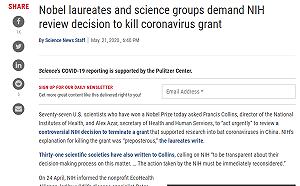 77名美國諾貝爾得主聯合抗議  衛生研究院不該中斷武肺病毒研究資金
