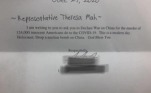 美華裔議員收歧視信 稱武漢肺炎病毒為大屠殺「應向中國投原子彈」