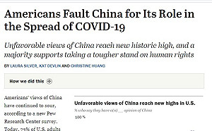 美國人對中國持負面觀感比例創新高 78%認北京須對疫情負責