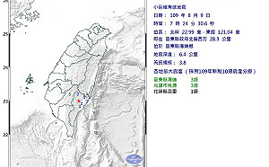 7:24台東規模3.8地震 最大震度台東高雄3級花蓮1級