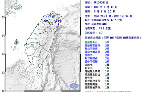 東部海域規模4.7地震 最大震度宜蘭冬山3級