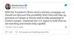 川普確診武肺 前美政務次卿憂中國趁機打壓台灣