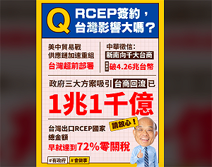 台遭RCEP排除衝擊大?蘇貞昌:要向外走出去 政府不必犧牲國家主權