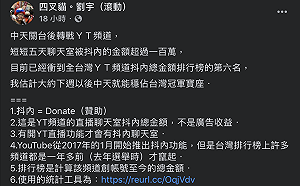 中天下週坐穩全台YT抖內冠軍？ 四叉貓這樣說.....