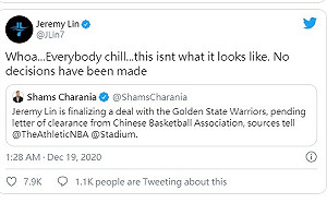 傳與金州勇士簽約？ 林書豪推文滅火:還沒做出決定