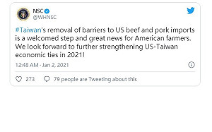 白宮國安會推文  盼2021強化美台經濟聯繫