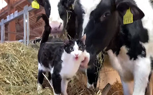 (影)貓咪亂入農場「交朋友」　網笑：我只看到三隻乳牛！