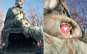 (影)佛像掌中竟窩隻「老成臉貓咪」　網笑：被收服的小妖精？