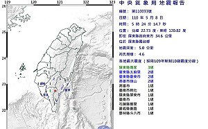 清晨5:24屏東規模4.6淺層地震 最大震度屏東縣3級