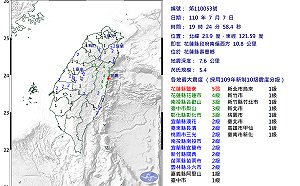 19：24規模5.4有感地震 震央花蓮.深度僅7.6公里