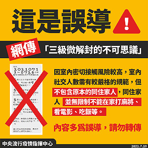 微解封》網傳「三級警戒微解封的不可思議之處 新冠肺炎病毒只會攻擊家人」指揮中心澄清