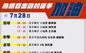 東奧》28日戴資穎打頭陣邁向金牌  李智凱、周天成9好手出戰表