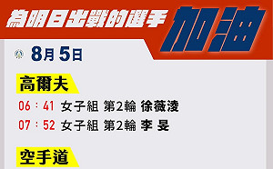 東奧》台灣8/5賽程 奪牌厚望!空手道文姿云壓軸登場 高球雙姝拼奪牌