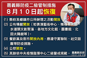 嘉義縣同步全國降為2級 翁章梁：明天恢復餐飲內用