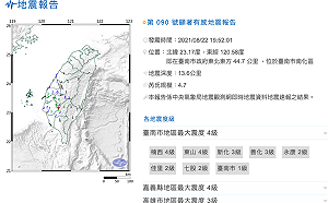 台南南化地震規模4.7  最大震度4級