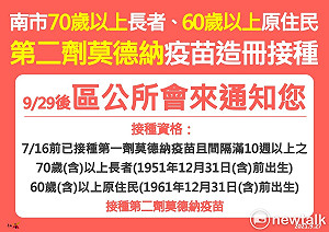 台南長者第二劑莫德納統一造冊施打  里長親自通知免自行預約