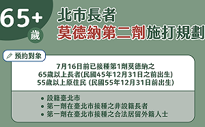 65歲長者明起開放預約打莫德納二劑 北市：19日可電話預約
