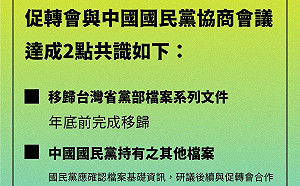 3177筆「台灣省黨部檔案」系列文件移歸 促轉會、國民黨協商2共識