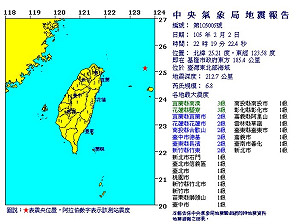 台灣東北外海規模6.8地震  宜花3級