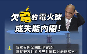 朱立倫再嗆蘇貞昌「欠電的電火球成失能內閣」要求先做兩件事