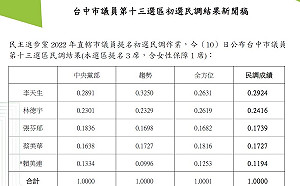 綠台中市議員第13選區初選：李天生、林德宇、張芬郁出線