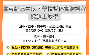 台東高中以下學校下週「暫停實體課」  補習班、安親班自行決定